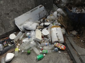 ペットボトルと発泡スチロールが目立つ台風が打ち上げたゴミ